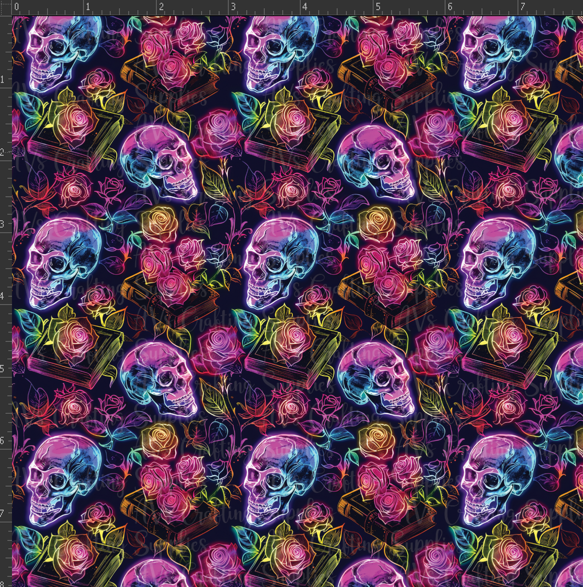 Neon Skulls and Books Print