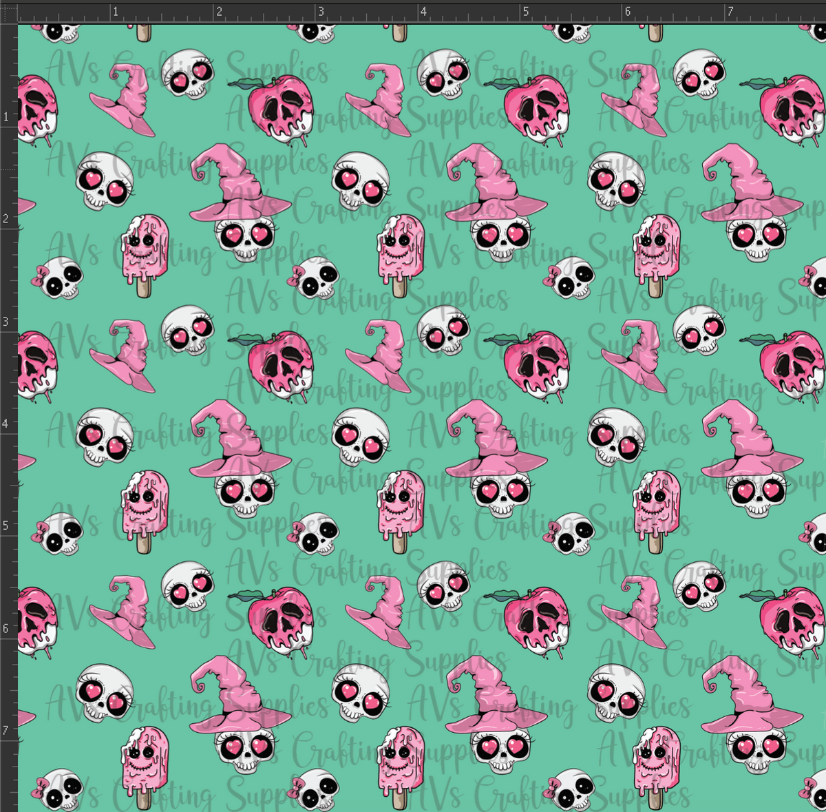 Green Skulls and Witches Hat Print