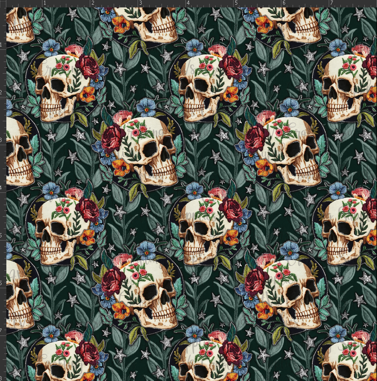 Embroidered Floral Skulls Print