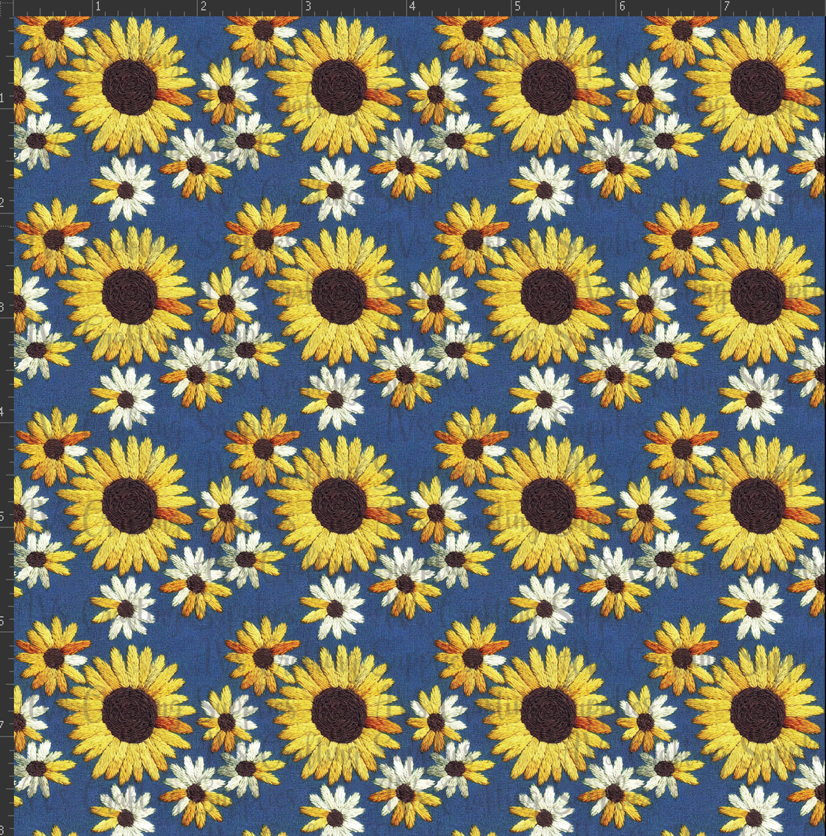 Blue Embroidered Sunflowers Print